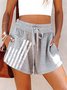 JFN Summer Gray Flag Print Striped High Rise Elastic Drawstring Waistband Side Pockets Shorts