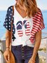 White The US Stars and Stripes Slippers Print Loose V Neck Tees