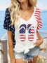 White The US Stars and Stripes Slippers Print Loose V Neck Tees