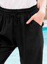 Solid Black Casual Elastic Waist Knee Length Shorts