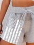 JFN Summer Gray Flag Print Striped High Rise Elastic Drawstring Waistband Side Pockets Shorts
