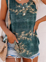 JFN Crew Neck Leaves Henley Casual Vacation Leaves Tank & Cami