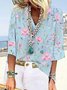 JFN V Neck Holiday Flower Floral Loose Vacation Casual Top T-Blouse/Tee