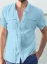 Men's Lapel Solid Color Short Sleeve Men's Linen Double Pocket Shirt