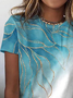 JFN Crew Neck Ombre Color Block Leaves Floral Casual Cotton-Blend T-Shirt