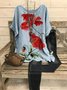 JFN Crew Neck Floral Casual Red Flower Batwing Sleeve Slit Top