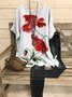 JFN Crew Neck Floral Casual Red Flower Batwing Sleeve Slit Top