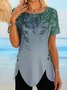 JFN Women Round Neck Short Sleeve Leaf Print Buttoned Holiday Tunic T-Shirt