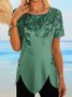 JFN Women Round Neck Short Sleeve Leaf Print Buttoned Holiday Tunic T-Shirt