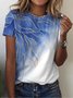JFN Crew Neck Ombre Color Block Leaves Floral Casual Cotton-Blend T-Shirt