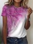JFN Crew Neck Ombre Color Block Leaves Floral Casual Cotton-Blend T-Shirt