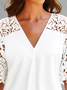 JFN V Neck Lace Casual Plain Knot Front Loose Top