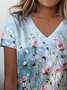 Floral Cotton-Blend V Neck Casual T-Shirt