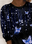 Women Casual Blue Shiny Butterfly Loose Sweatshirt