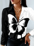 Casual Color Block Autumn Lightweight Regular Fit Long sleeve H-Line Shirt Collar Regular Size Blouse for Women