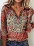 Women's  Red Geometric Printed Long Sleeve V Neck ethnic style t-shirt
