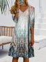 Gradient Square Scarf Flower V-Neck Dress