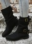 Ruched Buckle Casual Leather Booties