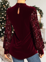 Women's Christmas Wine Red Velvet Sequin Long Sleeve Tops
