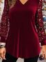 Women's Christmas Wine Red Velvet Sequin Long Sleeve Tops