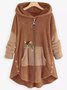 Women Color Block Furry Fleece Fabric Cat Zipper Hooded Coat