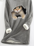 Casual Crew Neck Fluff/Granular fleece fabric Loose H-line Cat Sweatshirt