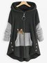 Women Color Block Furry Fleece Fabric Cat Zipper Hooded Coat