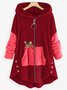Women Color Block Fluff/Granular Fleece Fabric Cat Zipper Hooded Coat