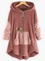 Women Color Block Furry Fleece Fabric Cat Zipper Hooded Coat