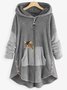 Women Color Block Furry Fleece Fabric Cat Zipper Hooded Coat