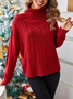 Women Christmas Plain Casual Turtleneck Cable Knit Drop Shoulder Red Sweater