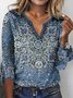 Women's  Red Geometric Printed Long Sleeve V Neck ethnic style t-shirt