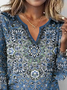Women's  Red Geometric Printed Long Sleeve V Neck ethnic style t-shirt