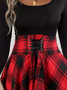 Women Christmas Casual Crew Neck Red Plaid Loose Midi Dress