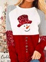 Women Casual Christmas Red White Color Block Crew Neck T-Shirt