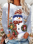 Crew Neck Loose Christmas Snowman Casual T-Shirt