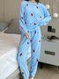 Strawberry Print Long Sleeve Pants Casual Loungewear Two Piece Plus Size