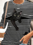 JFN Crew Neck Striped Cat Casual Long Sleeve Sweatshirt