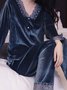 Lace Stitching Gold Velvet Long Sleeve Trousers Loungewear Two Piece Plus Size