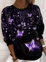 Women Casual Blue Shiny Butterfly Loose Sweatshirt