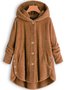 Women Cozy Fleece Hooded Fuzzy Asymmetrical Hem Button Teddy Bear Coat