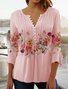 Women's Ethnic Casual V-neck A-Line Tops Long Sleeve Henry Collar Red Rose Print Tunic Daily Hot List