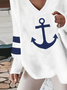 Women Casual Sea Anchor Loose V Neck Sweatshirt