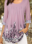 Womens 3/4 Roll Sleeve Loose Floral Blouses Pleated Stretch Shirts Flowy Tops