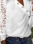 Asymmetrical Plain Casual Lace T-Shirt Long Sleeve White Top Buttoned Slash Neck Dressy T-Shirt