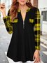 JFN V Neck Long Sleeve Zipper Plain Geometric Plaid Top