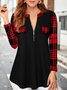 JFN V Neck Long Sleeve Zipper Plain Geometric Plaid Top