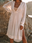 Cotton-Blend Plain Casual V Neck Dress