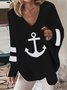 Women Casual Sea Anchor Loose V Neck Sweatshirt