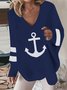 Women Casual Sea Anchor Loose V Neck Sweatshirt